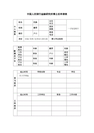 中国人民银行金融研究所博士后申请表.doc