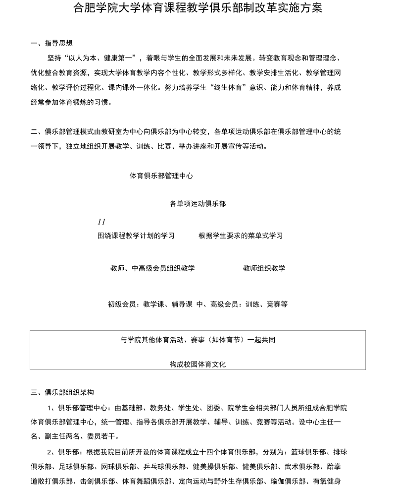 合肥学院大学体育课程教学俱乐部制改革实施方案讲解.docx_第1页