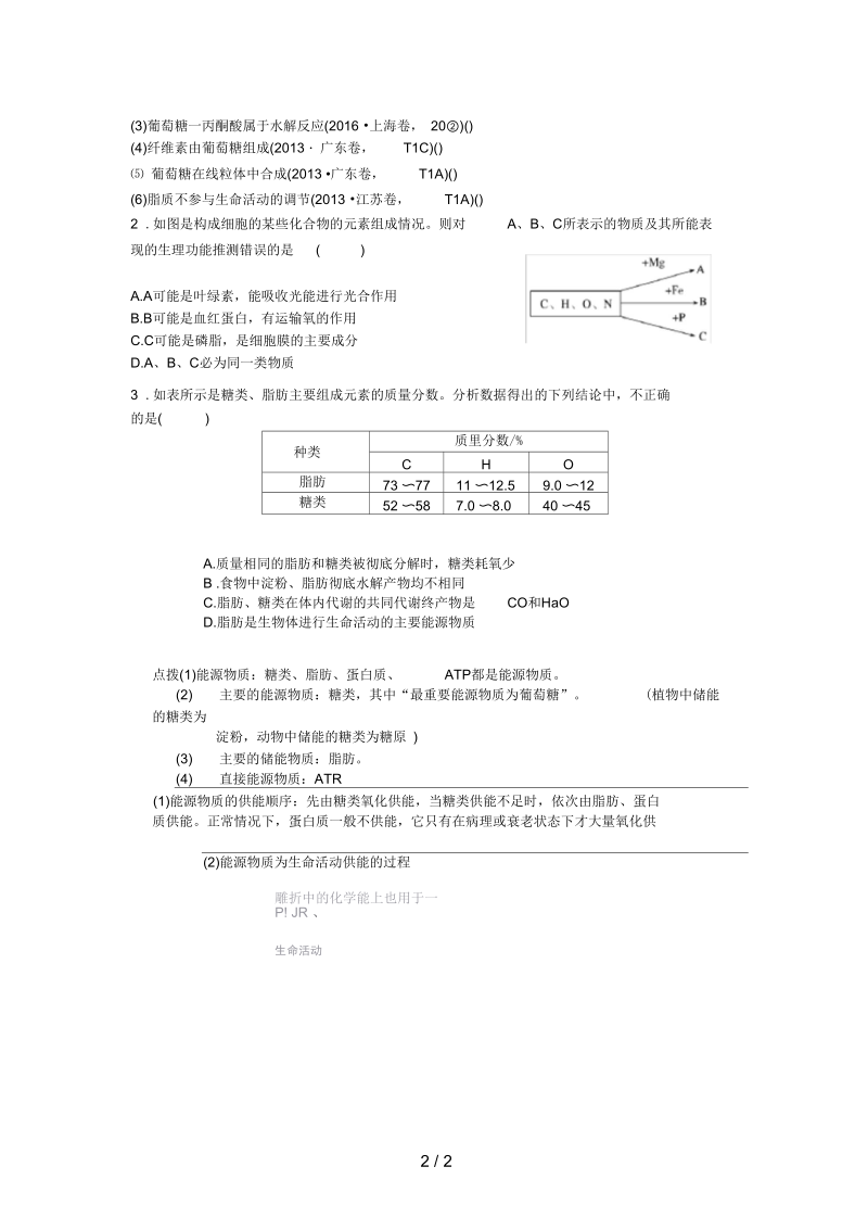 江苏省徐州市高中生物人体内糖和脂质学案(无答案)苏教版必修1.docx_第2页