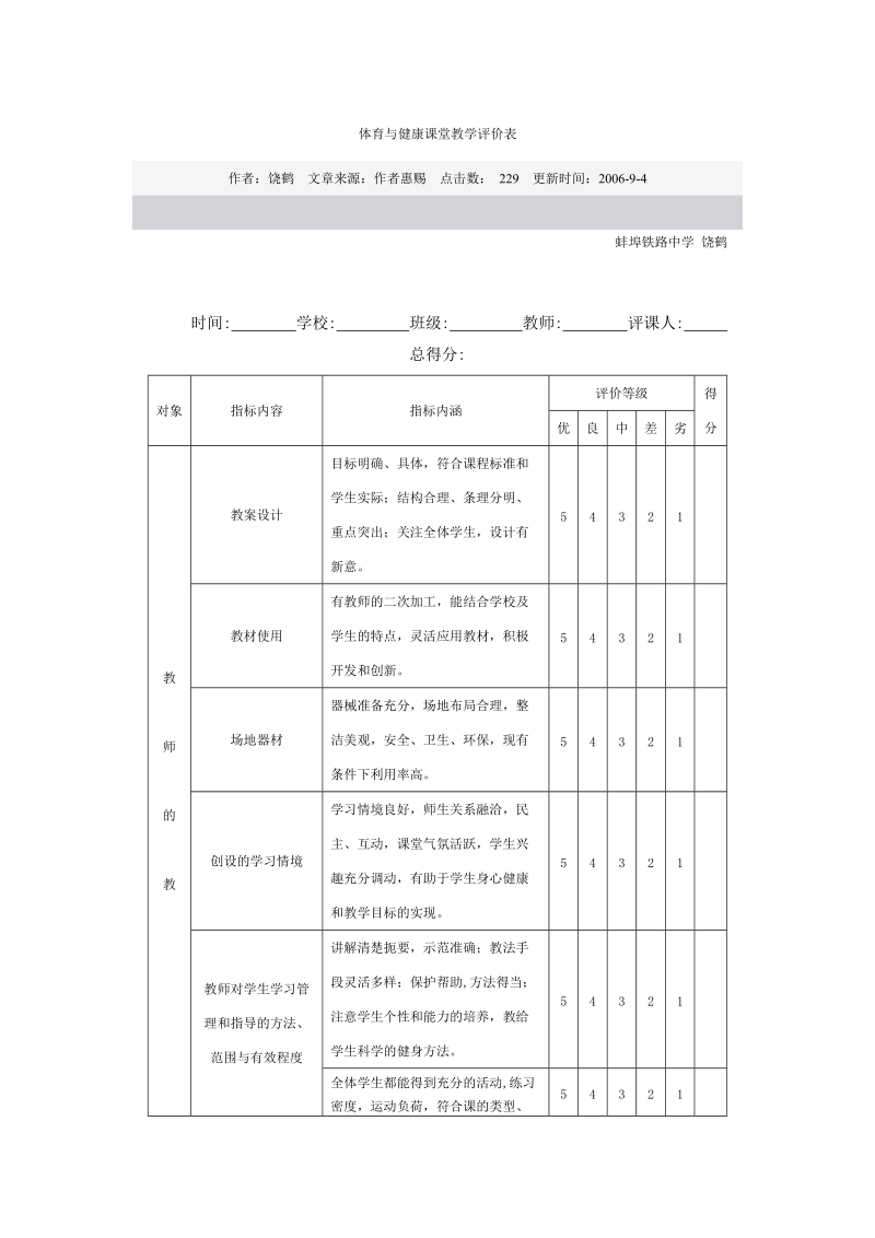 体育与健康课堂教学评价表.doc_第1页