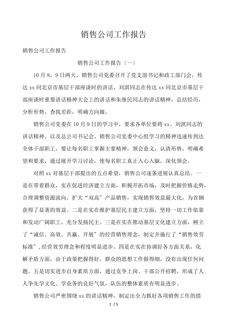 销售公司工作报告 .docx_第1页