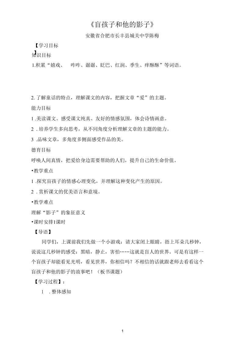 盲孩子和他的影子教学设计.docx_第1页