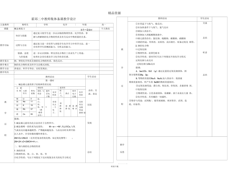 霍邱二中教师集体备课教学设计碱金属复习1.docx_第1页