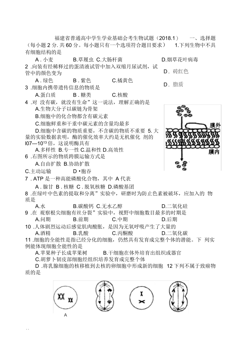 1月福建省普通高中学生学业基础会考生物试题.docx_第1页