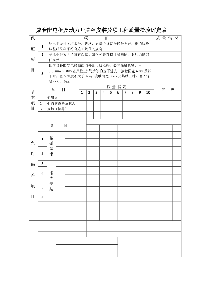 成套配电柜及动力开关柜安装分项工程质量检验评定表.docx_第1页