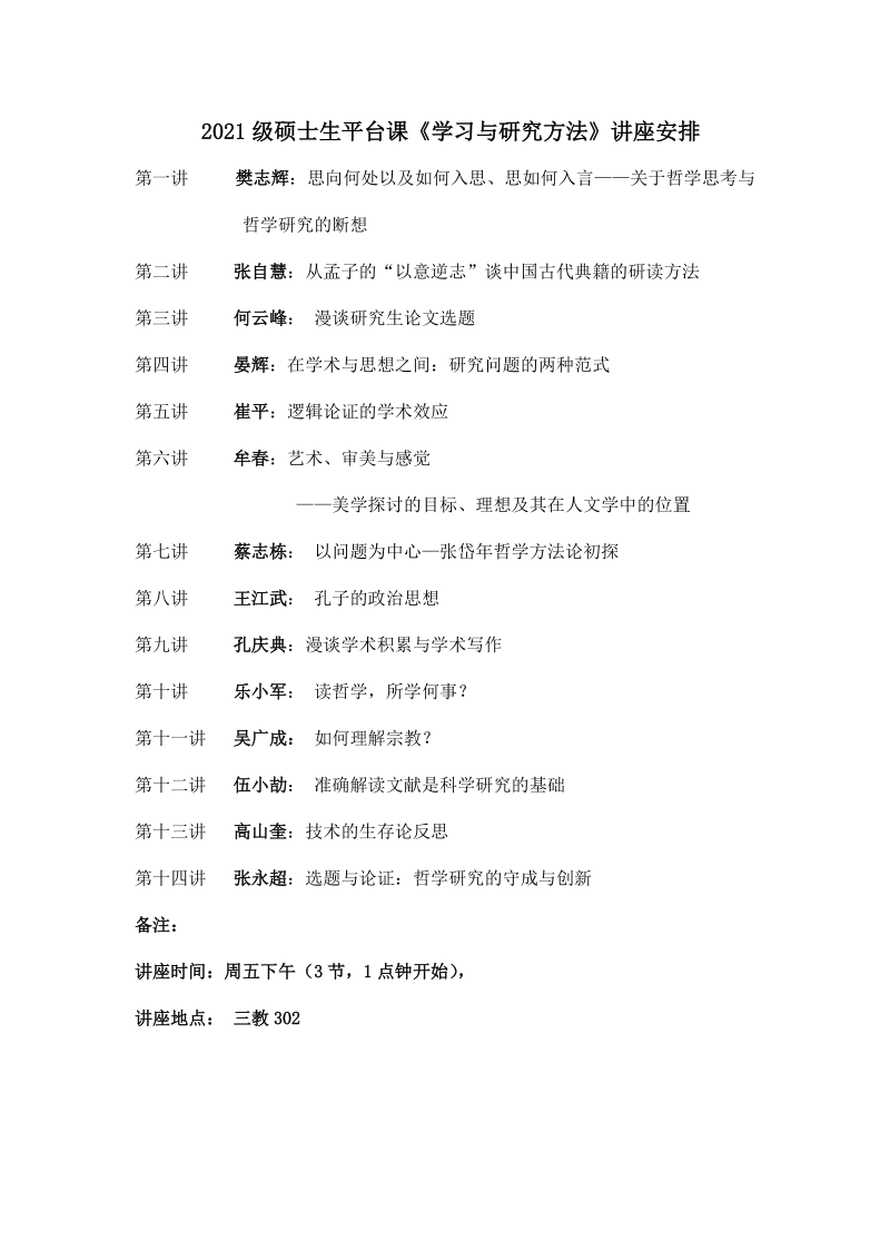 2021级硕士生平台课《学习与研究方法》讲座安排.docx_第1页