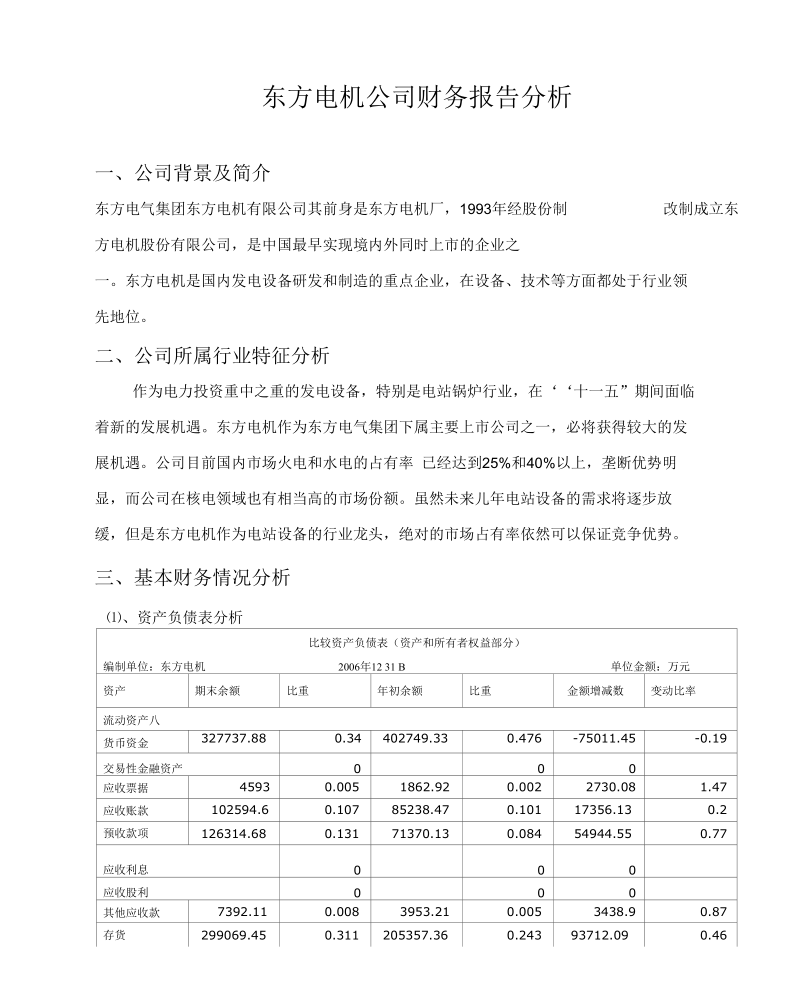 东方电机公司财务报告分析.docx_第1页