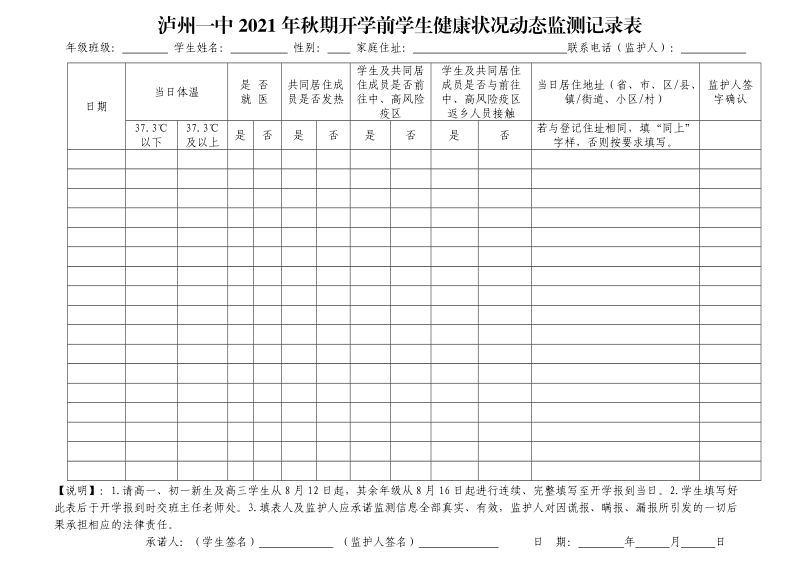 泸州一中2021年秋期开学前学生健康状况动态监测记录表.doc_第1页