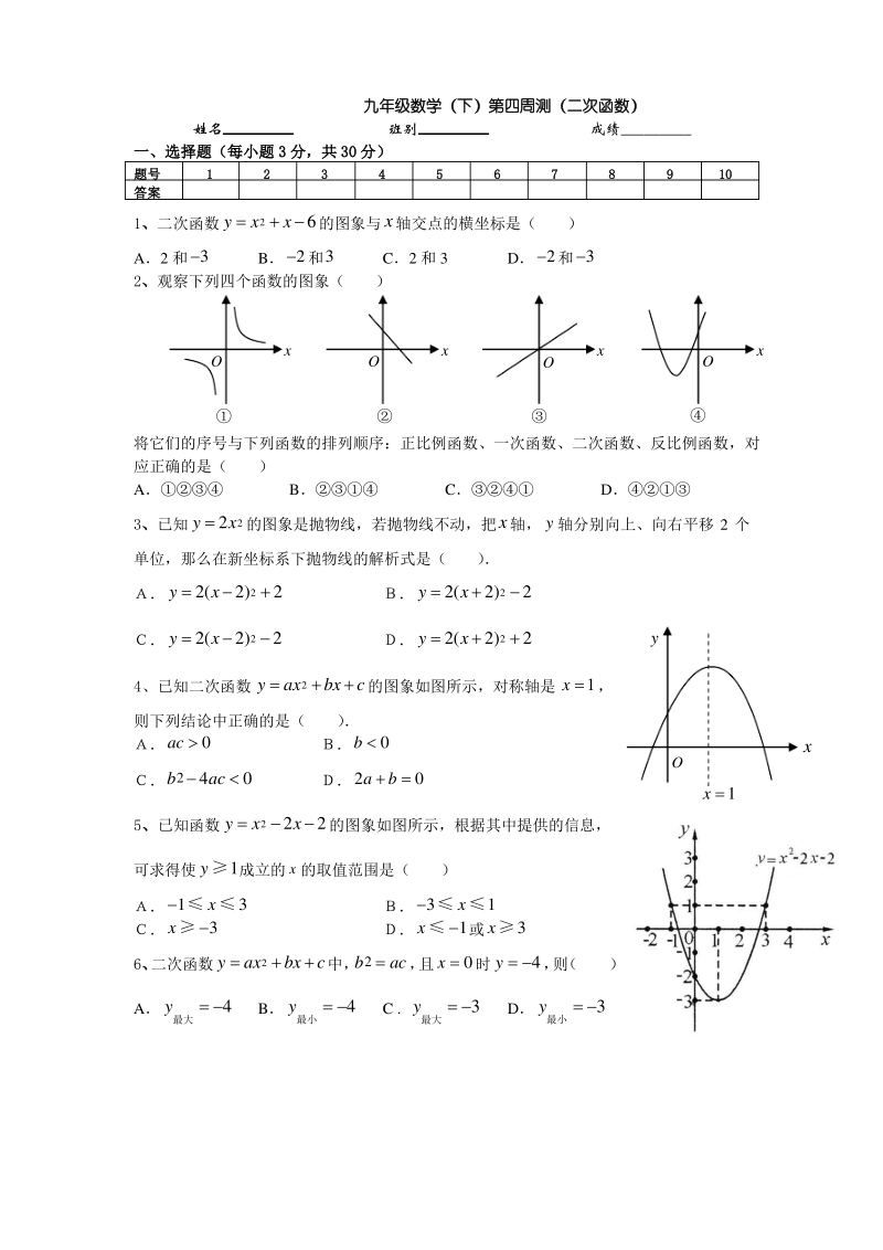 北师大版九年级数学下册《二次函数》单元测试题.pdf_第1页