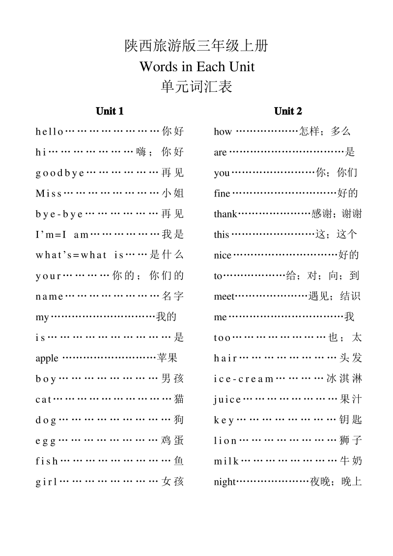 《陕西旅游版小学英语》三年级(上)单元词汇表.pdf_第1页