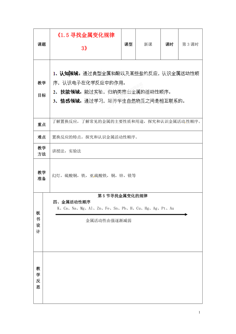 浙江省温岭市城南中学九年级科学上册《1.5寻找金属变化规律3》教案 浙教版.doc_第1页