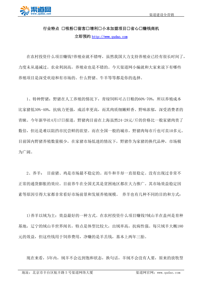 在农村投资什么项目赚钱 看养殖项目.docx_第1页