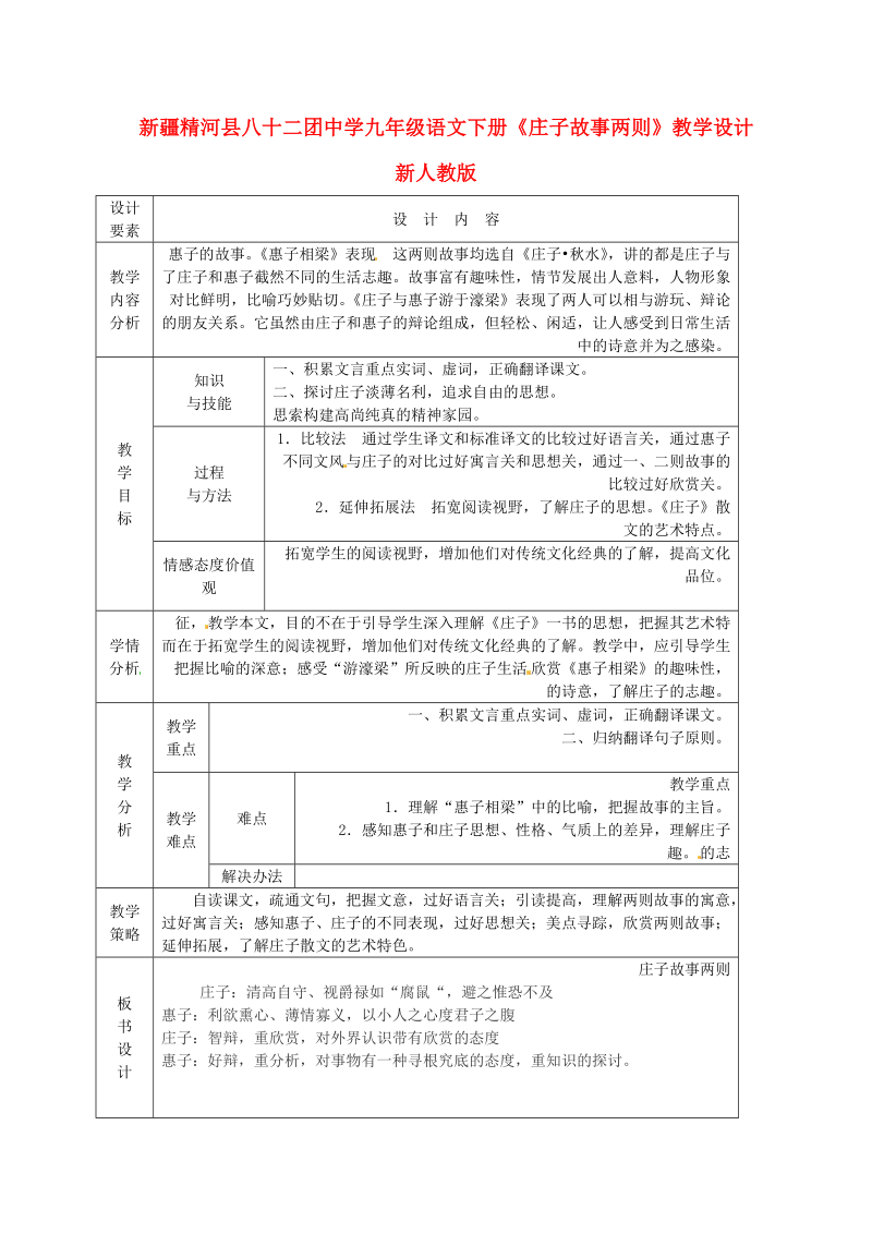 新疆精河县八十二团中学九年级语文下册《庄子故事两则》教学设计 新人教版.doc_第1页