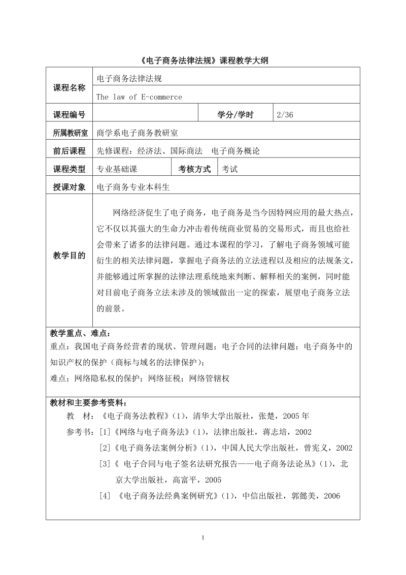 电子商务法律法规课程教学大纲.doc_第1页