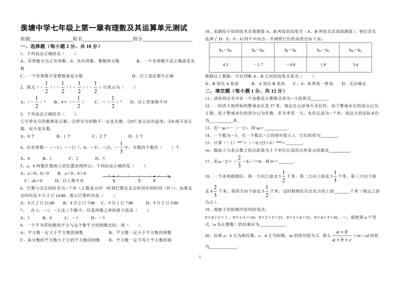 羡塘中学七年级上第一章有理数及其运算单元测试.doc_第1页