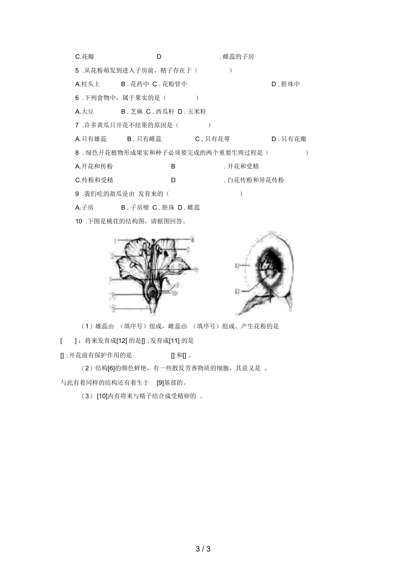 七年级生物上册第三单元第二章第三节开花和结果学案(无答案)新人教版.docx_第3页