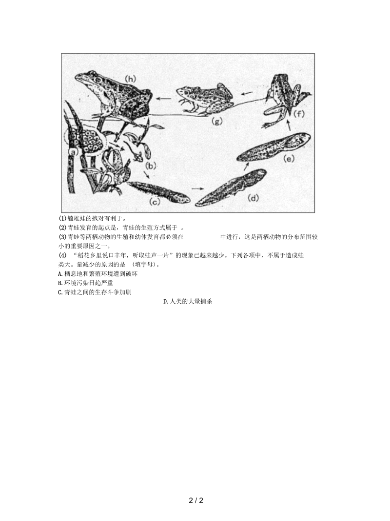 2019八年级生物下册：两栖动物的生殖和发育综合训练无答案.docx_第2页