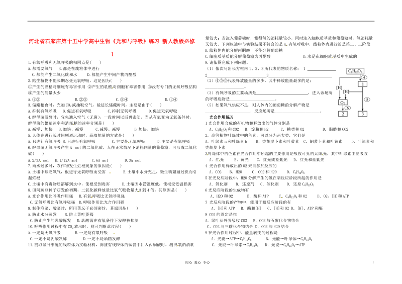 河北省石家庄第十五中学高中生物《光和与呼吸》练习 新人教版必修1.doc_第1页