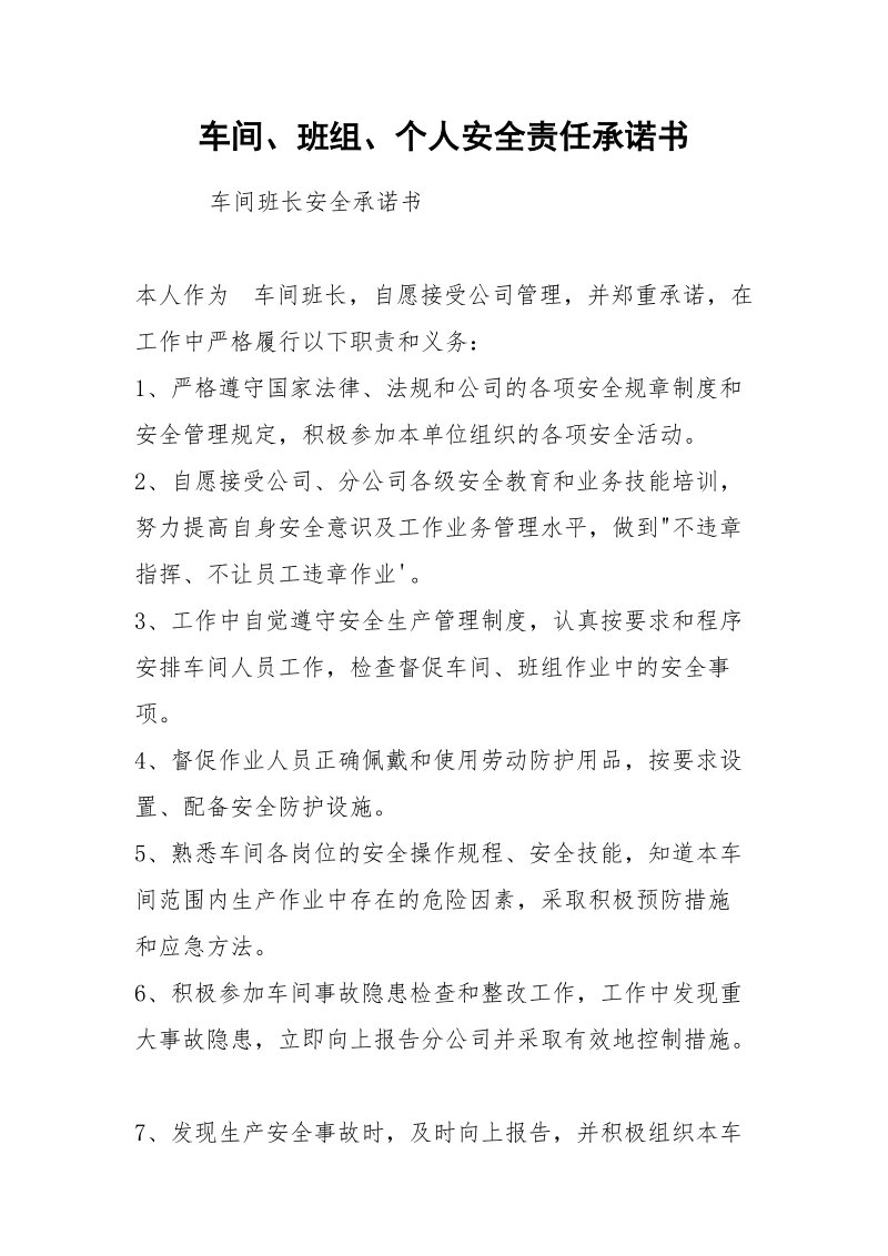 车间、班组、个人安全责任承诺书.docx_第1页