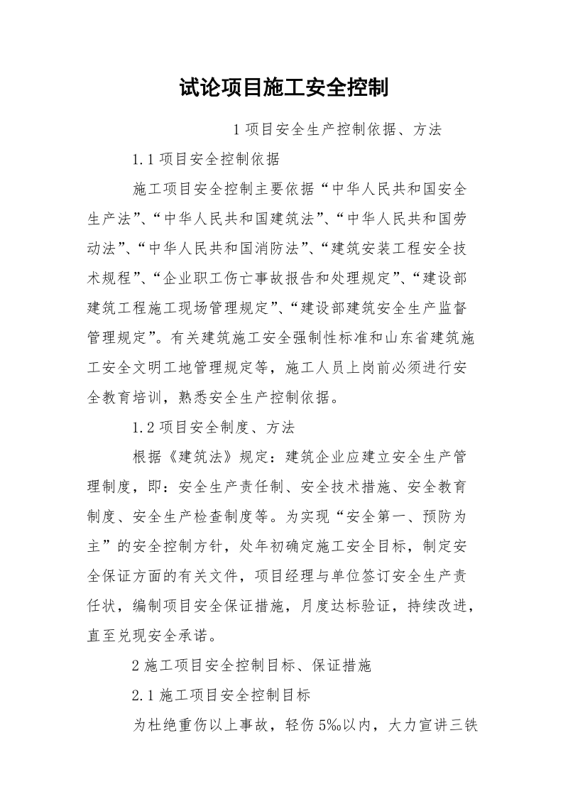 试论项目施工安全控制.docx_第1页