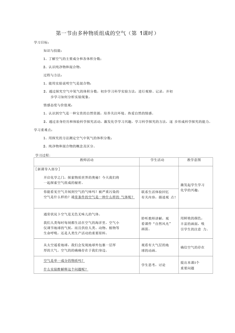 化学九年级沪教版第二章第一节由多种物质组成的空气教案.docx_第1页