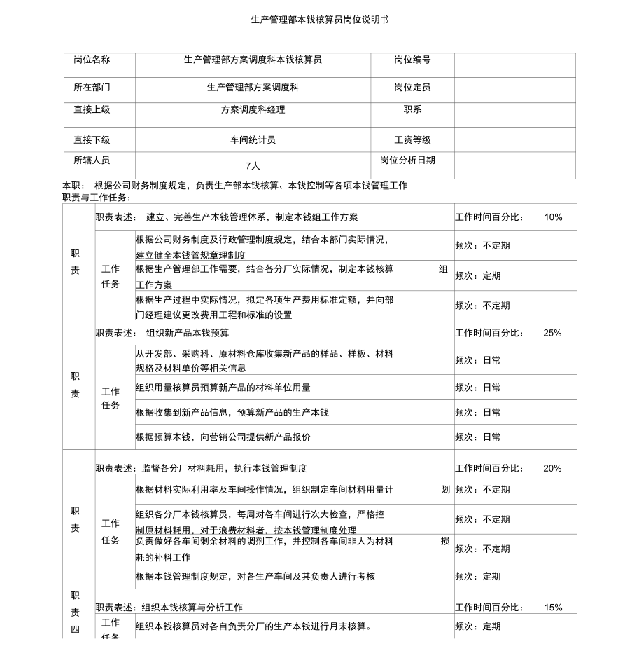 制鞋企业生产管理部成本核算员岗位说明书.docx_第1页