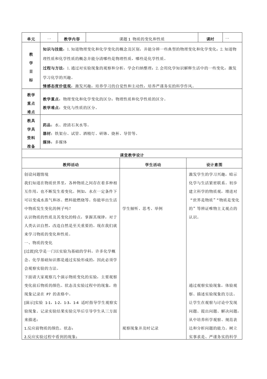 （推荐）初三化学课题1物质的变化和性质表格式教案.doc_第1页