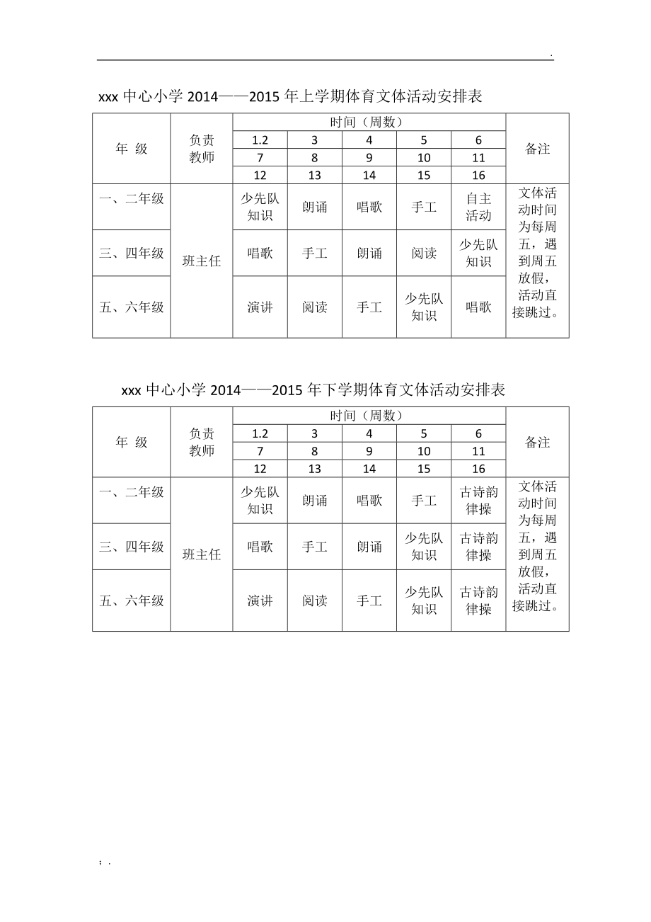 xxx中心小学文体活动安排表.docx_第1页