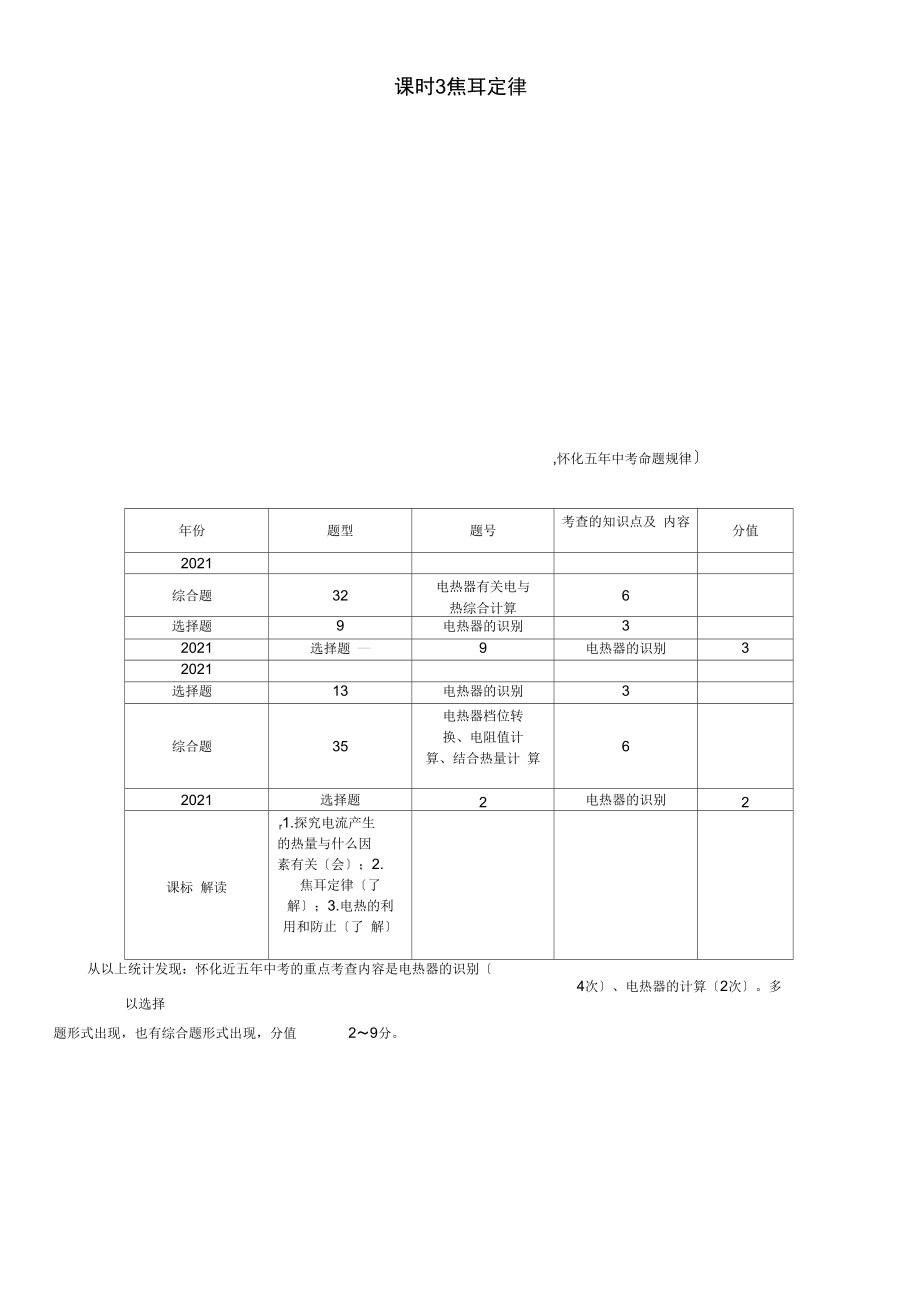 (怀化专版)2021年中考物理命题研究第一编教材知识梳理篇第十四讲电功率课时3焦耳定律(精讲)试题.docx_第1页