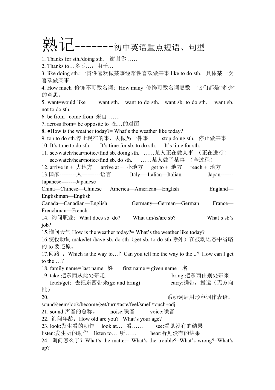 （推荐）熟记初中英语重点词组、句型.doc_第1页