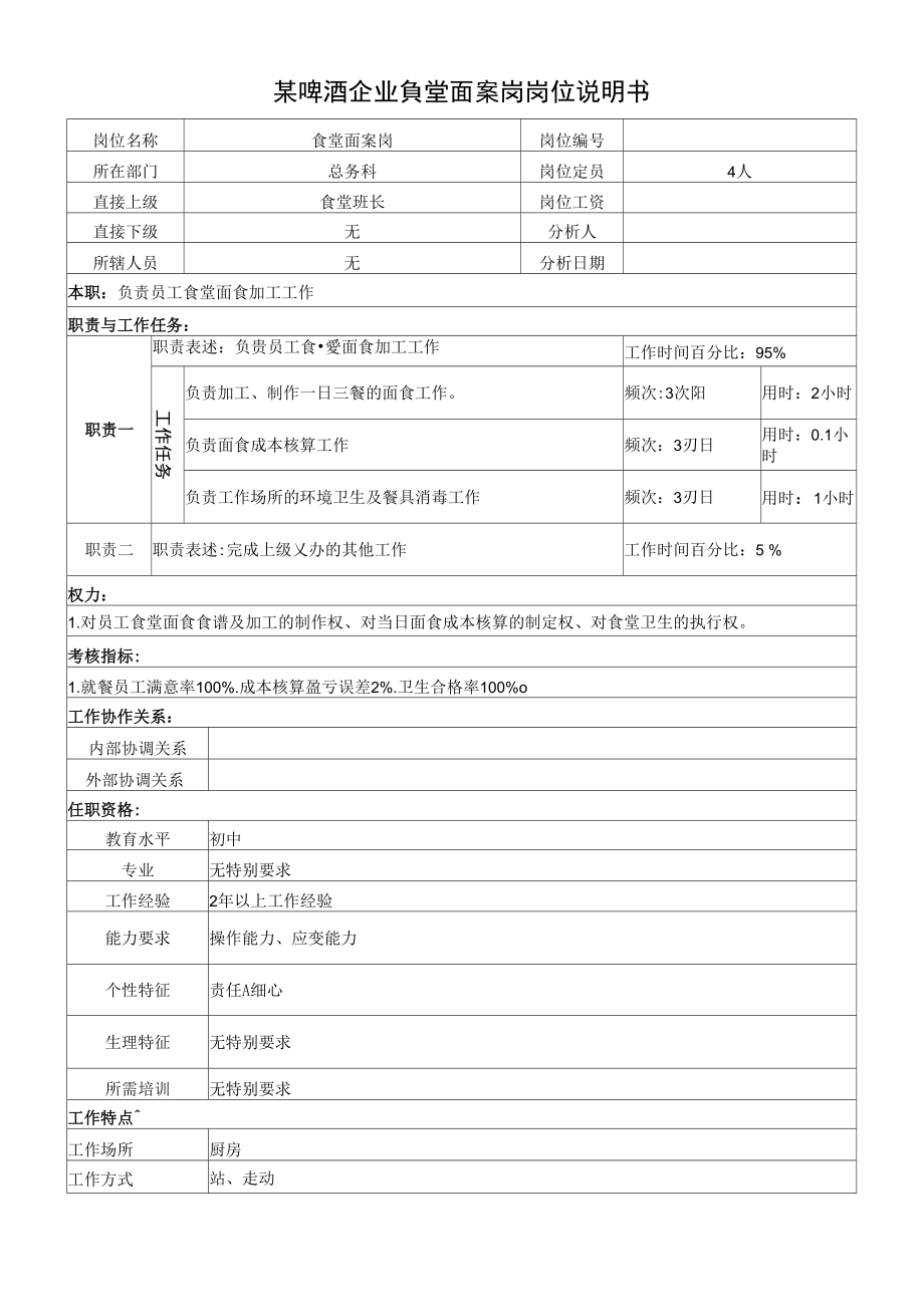 某啤酒企业食堂面案岗岗位说明书.doc_第1页