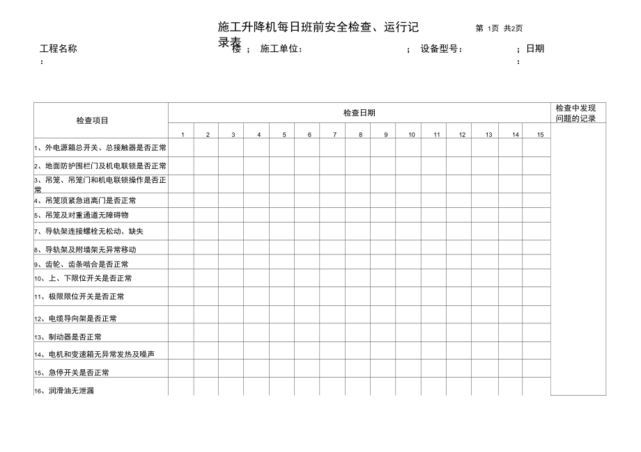 施工升降机日常运行检查记录表.doc_第1页