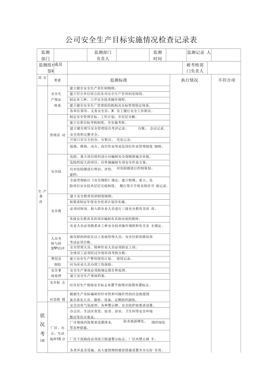 公司安全生产目标实施情况检查记录表(最新).docx_第1页