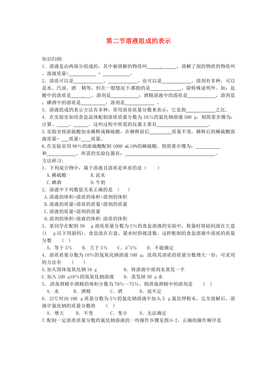 九年级化学下册 6.2溶液组成的表示知识归纳 湘教版.doc_第1页