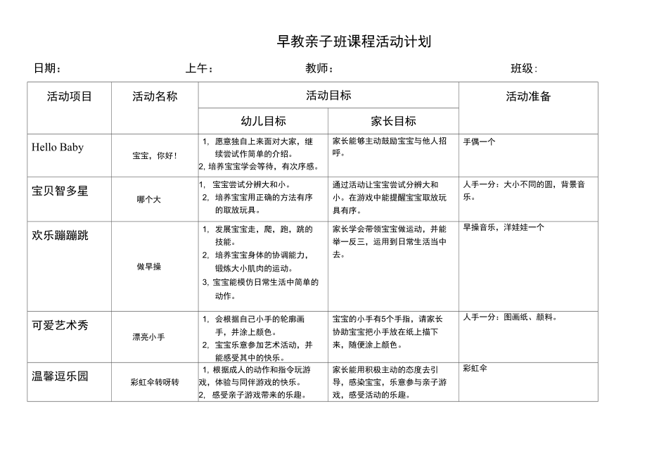 早教亲子班课程活动计划第十一周.doc_第1页