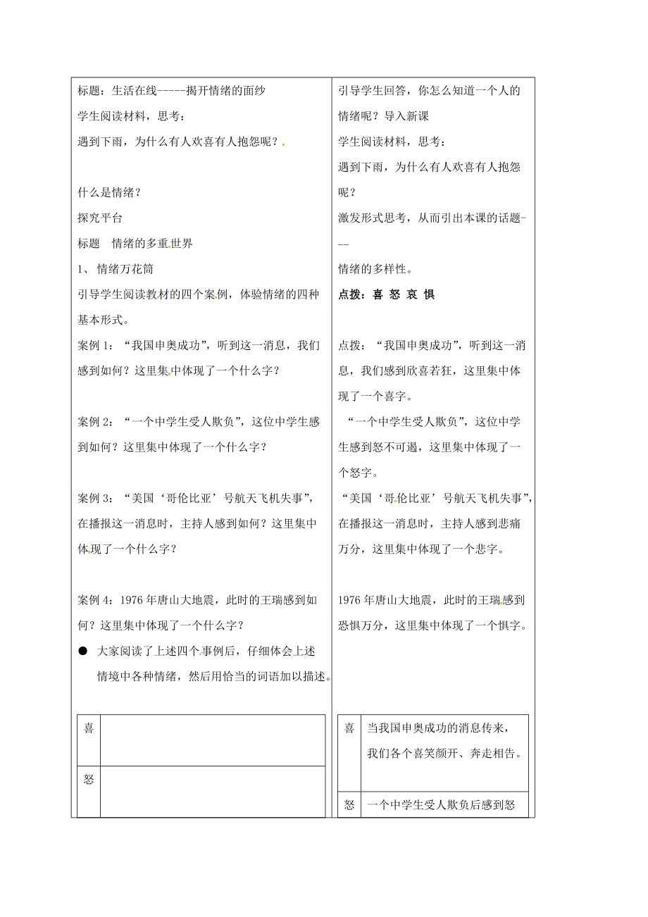 七年级政治下册 18.1 情绪的多重世界教案 苏教版-苏教版初中七年级下册政治教案.doc_第2页