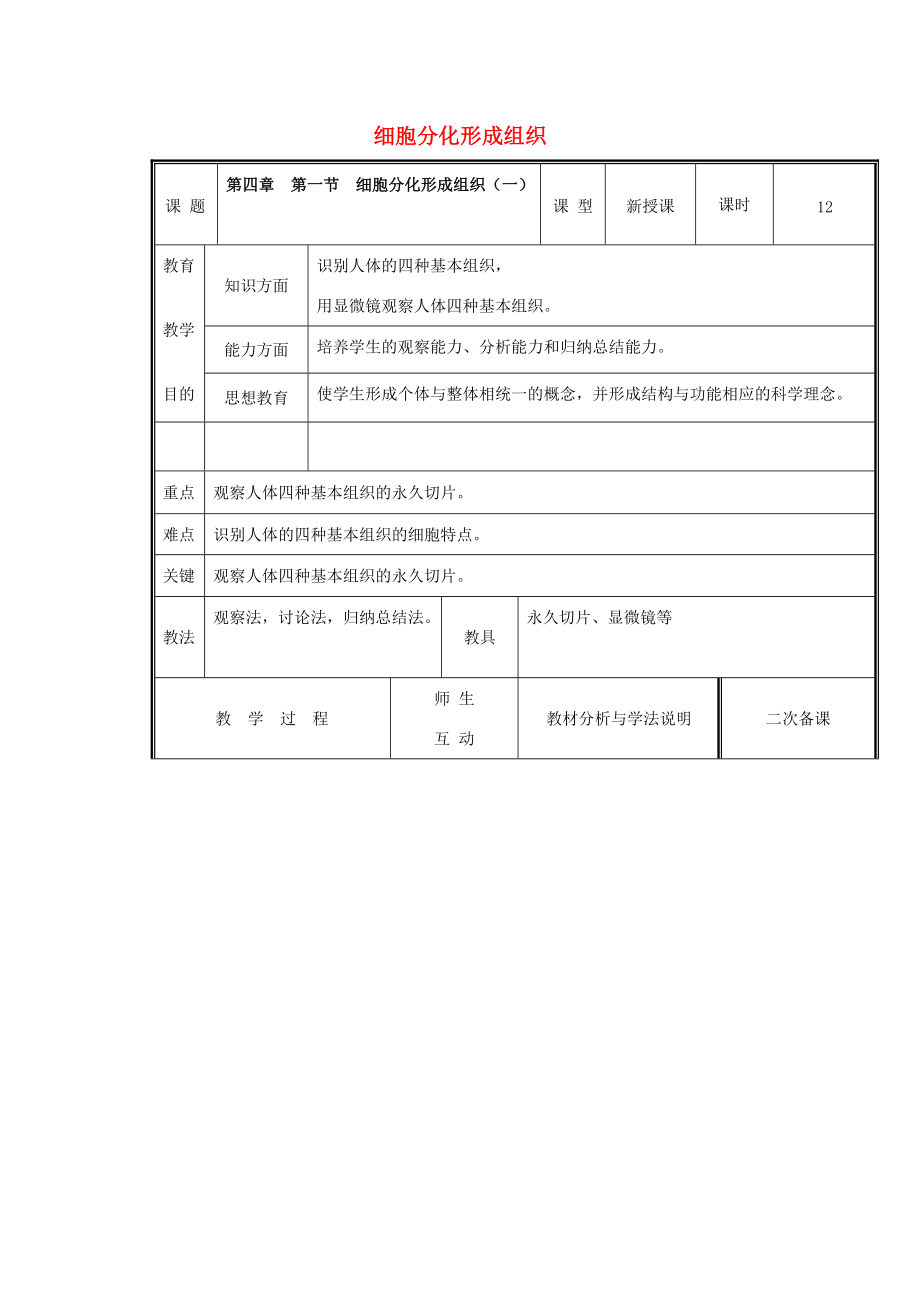 七年级生物上册 2.4.1 细胞分化形成组织（第1课时）教案 （新版）北师大版-（新版）北师大版初中七年级上册生物教案.doc_第1页