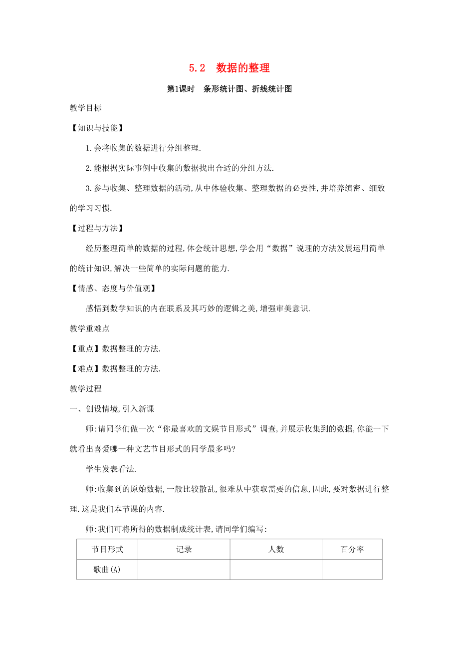 七年级数学上册 第5章 数据的收集与整理 5.2 数据的整理教案 （新版）沪科版-（新版）沪科版初中七年级上册数学教案.doc_第1页