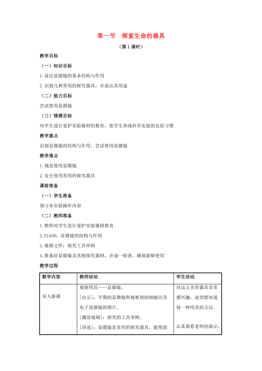 七年级生物上册 第一单元 第二章 第1节《探索生命的器具（第1课时）》教案 （新版）苏教版-（新版）苏教版初中七年级上册生物教案.doc_第1页