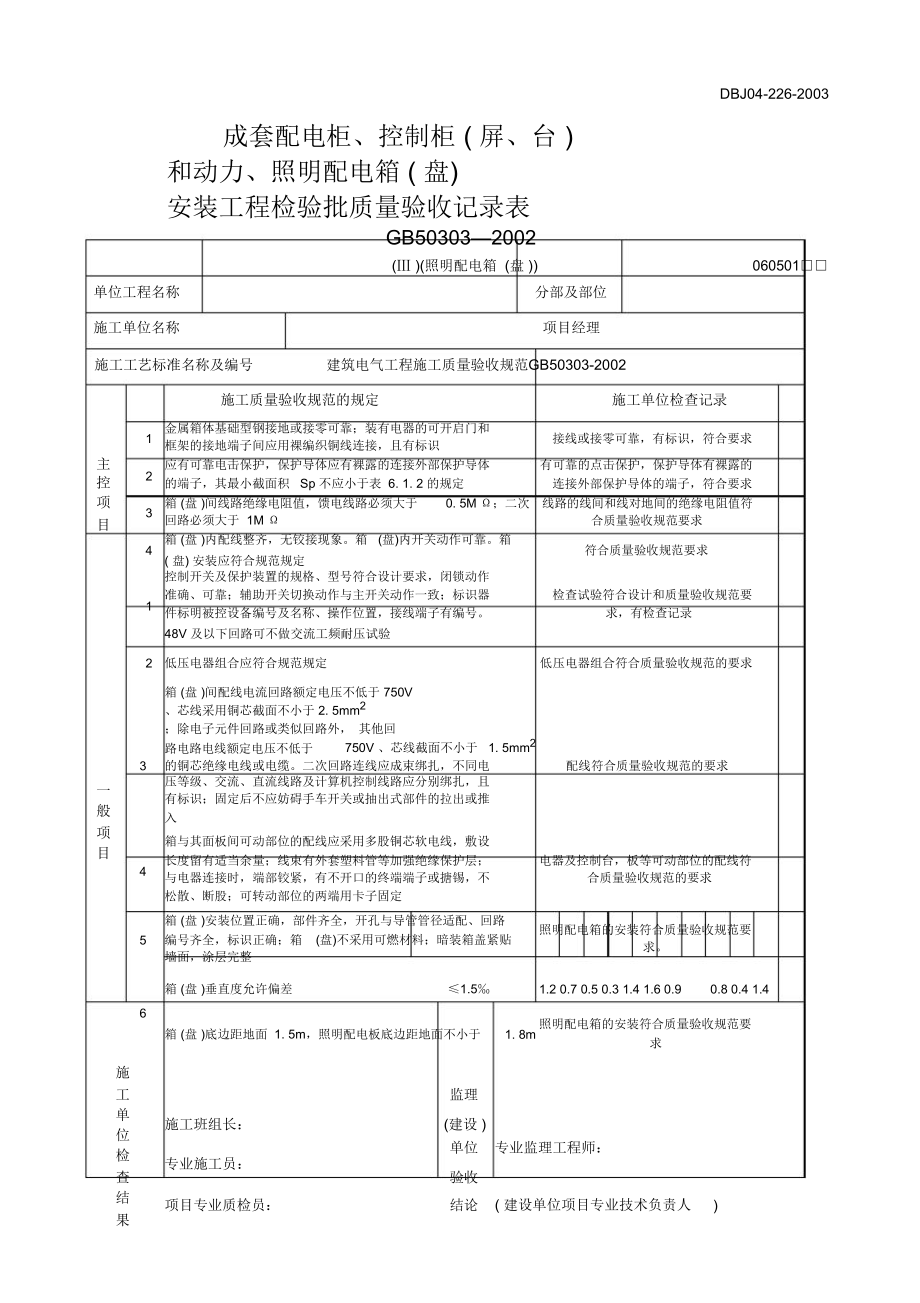 照明配电箱安装工程检验批质量验收记录表.doc_第1页