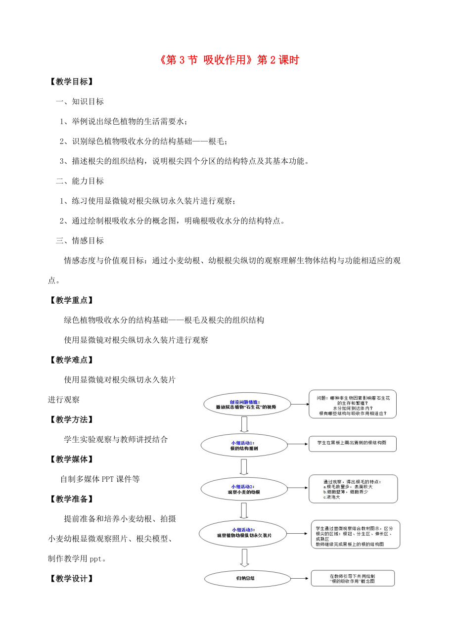 七年级生物上册 第3单元 第5章 绿色开花植物的生活方式 第3节 吸收作用教案（新版）北师大版-（新版）北师大版初中七年级上册生物教案.doc_第1页