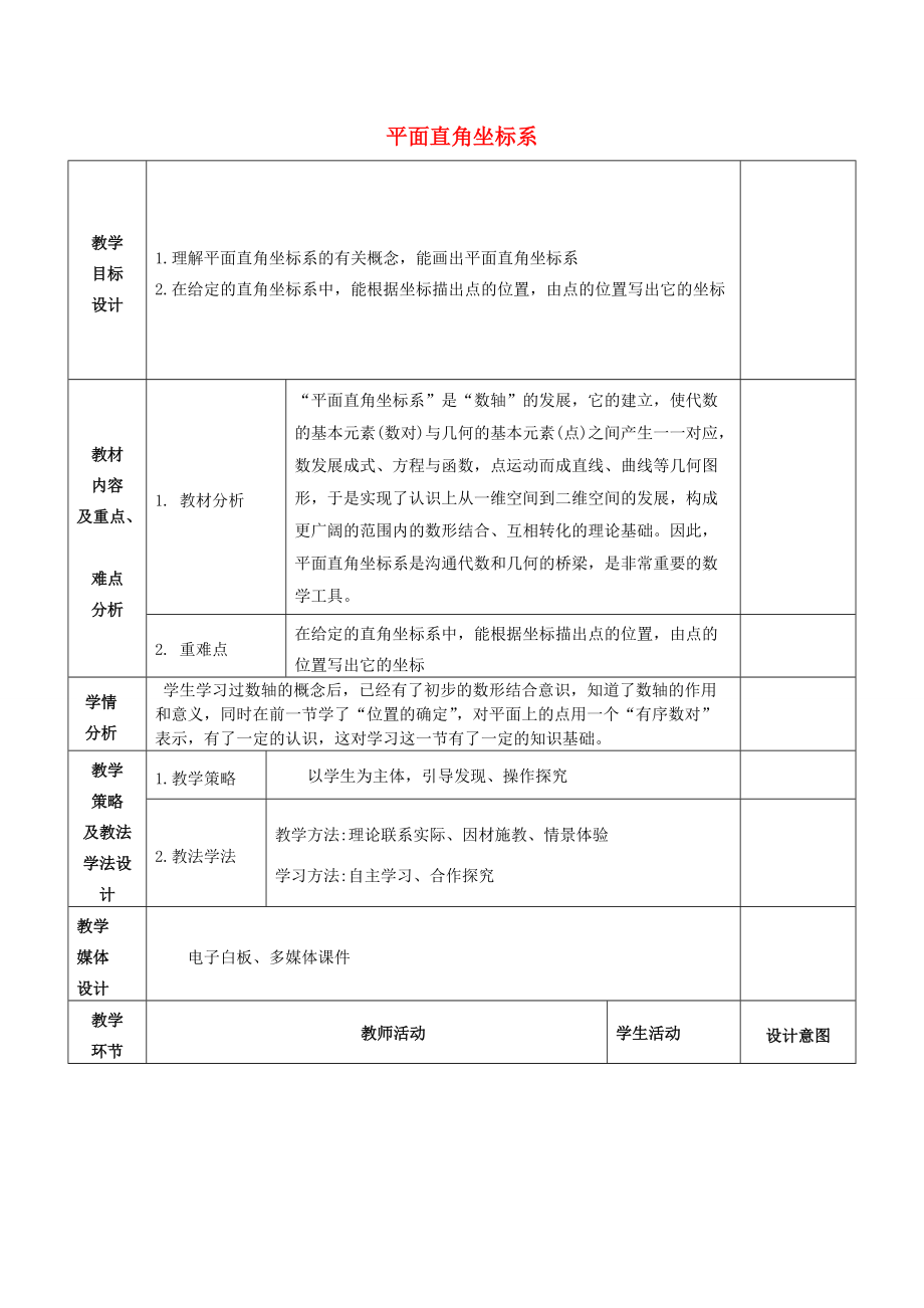 七年级数学下册 14.2 平面直角坐标系教学设计 （新版）青岛版-（新版）青岛版初中七年级下册数学教案.doc_第1页