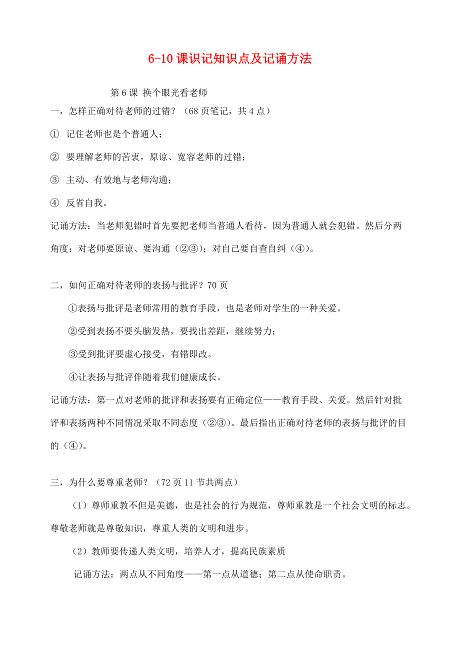 江苏省启东滨海13-14学年八年级政治上册 6-10课识记知识点及记诵方法 苏教版.doc_第1页