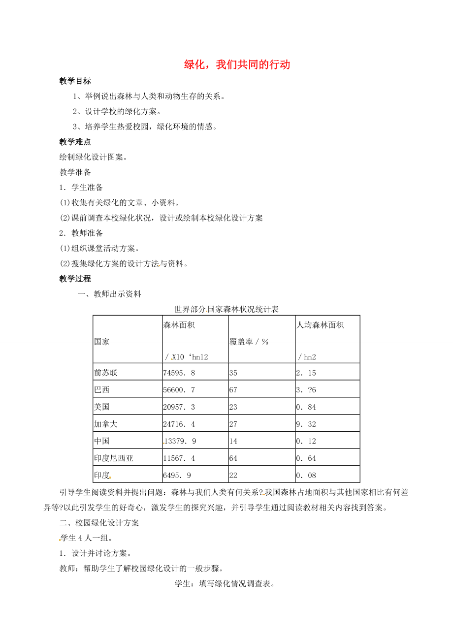 七年级生物上册 3.7.3 绿化我们共同的行动教案 （新版）苏教版-（新版）苏教版初中七年级上册生物教案.doc_第1页