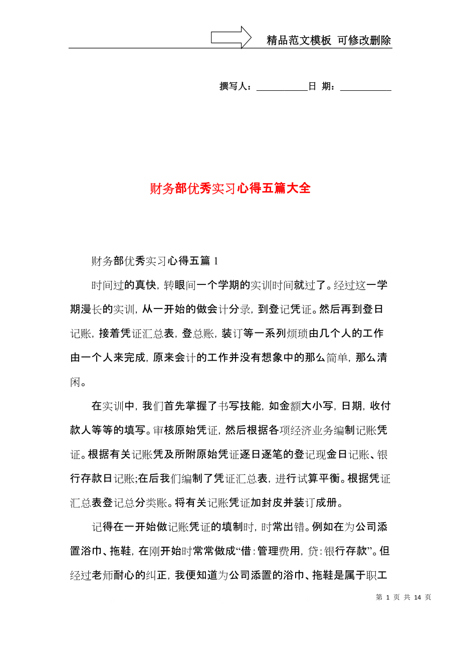 财务部优秀实习心得五篇大全.docx_第1页