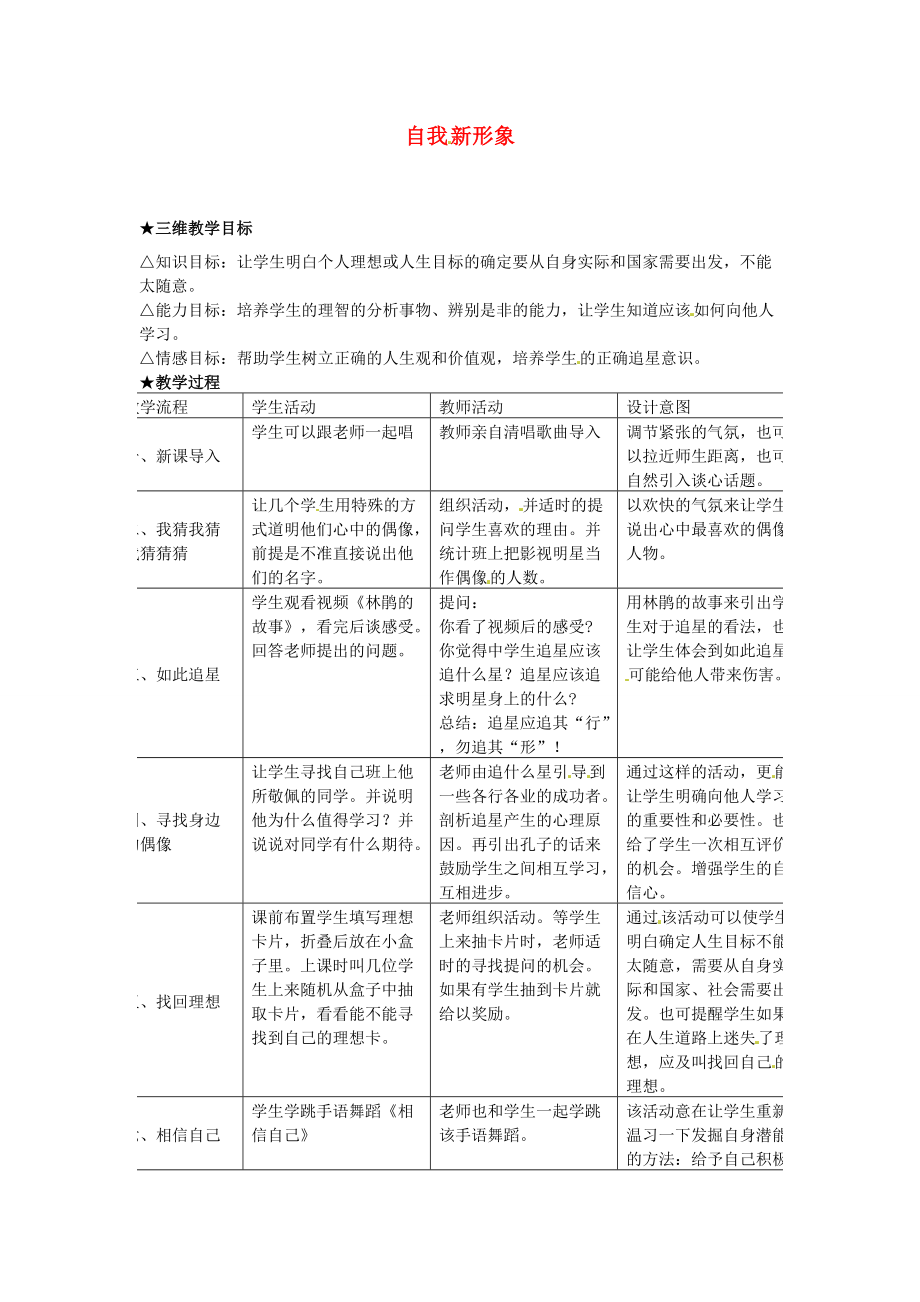 七年级政治上册 第五课 第3框 自我新形象教案 新人教版-新人教版初中七年级上册政治教案.doc_第1页