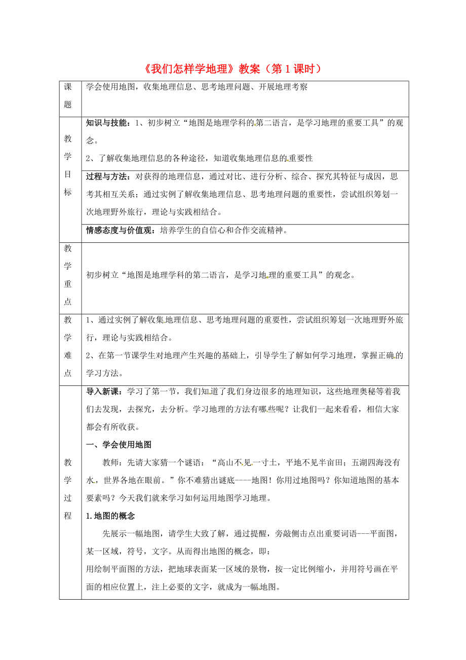 七年级地理上册 1.1《我们怎样学地理》教案 湘教版-湘教版初中七年级上册地理教案.doc_第1页