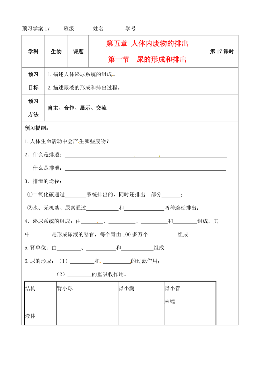 七年级生物下册 第5章第1节尿的形成和排出教案 人教新课标版.doc_第1页