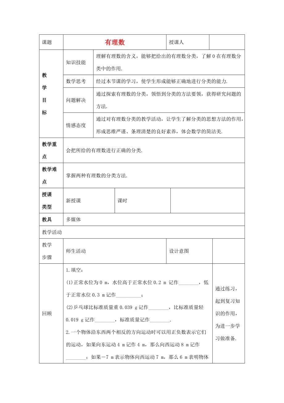 七年级数学上册 第二章 有理数 2.1 正数和负数 2.1.2 有理数教案2 （新版）华东师大版-（新版）华东师大版初中七年级上册数学教案.doc_第1页