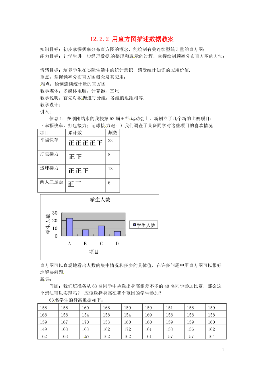 新疆兵团第五师八十八团学校八年级数学下册 12.2.2 用直方图描述数据教案 新人教版.doc_第1页